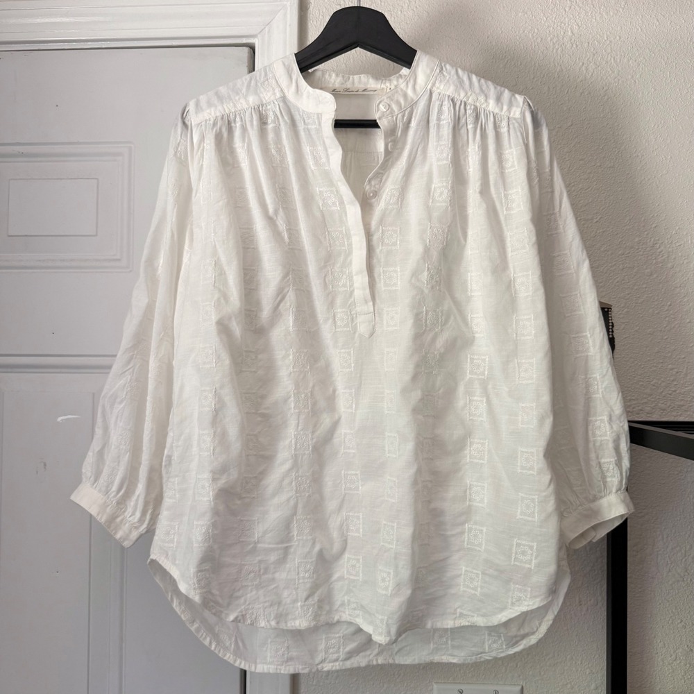 MARIE LOUISE DE MONTEREY white cotton embroidered popover long sleeve‎ blouse